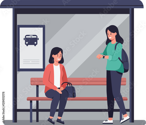 Two women waiting at a bus stop in flat vector illustration style