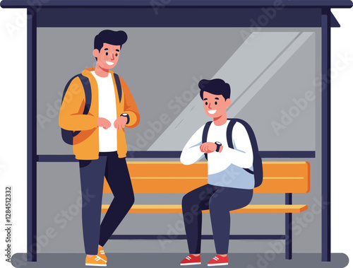 Two young men waiting at a bus stop in flat vector art