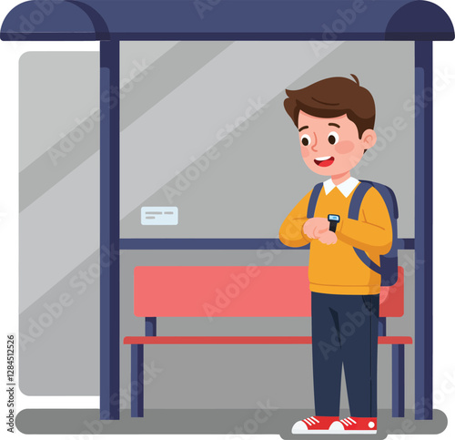 Young boy waiting at bus stop in flat vector illustration style