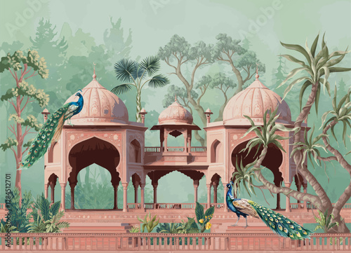 Mughal garden, arch, peacock, plant botanical landscape illustration.