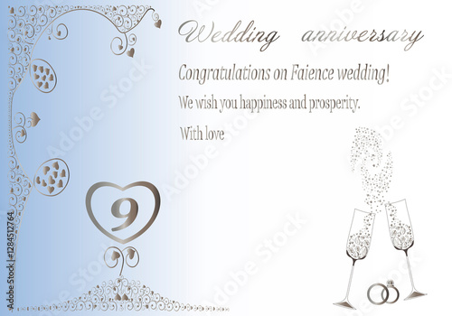 Faience illustration 9th wedding anniversary invitation. Background and decorative patterns with hearts. Glasses of champagne toast. Painting glass goblets. Text.  Digital illustration