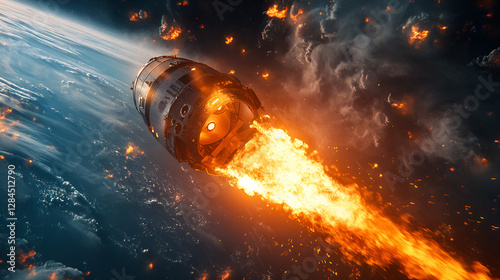 Space capsule re-entering Earth’s atmosphere with fiery flames and clouds
