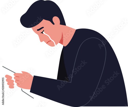 Emotional man with tears reading phone in minimal flat vector art