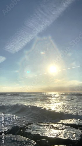 Beautiful waves on the Portuguese coast. Ocean landscape. Big waves against a beautiful sky.