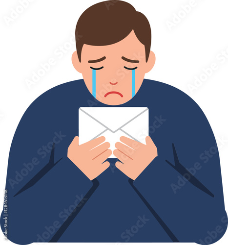 Sad man holding a letter with tears in a flat vector illustration