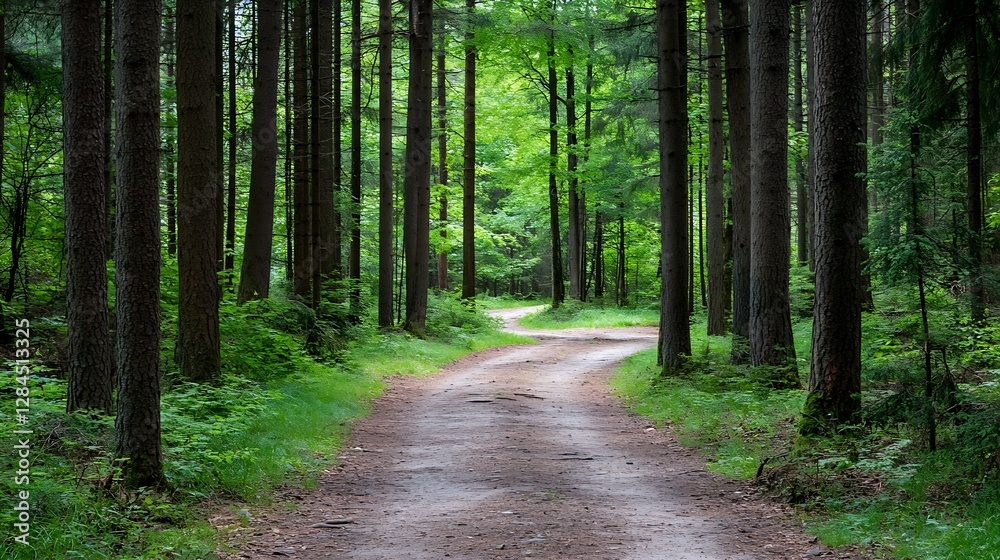 Fototapeta premium Serene winding path through a vibrant green forest inviting exploration and tranquility : Generative AI