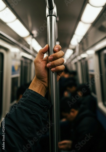 A firm grip on a metal subway pole, highlighting the daily commute experience.