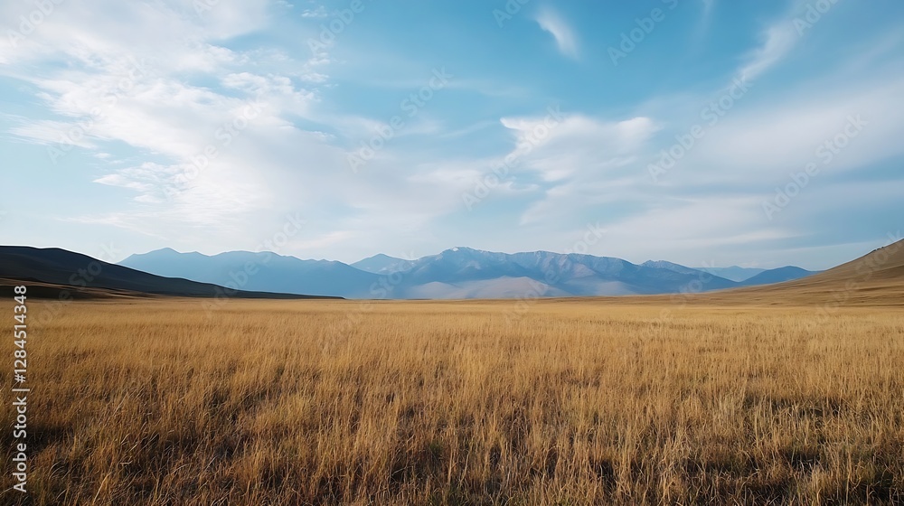 Fototapeta premium Vast expansive grassy field under a beautiful blue sky with distant mountains providing a stunning backdrop : Generative AI
