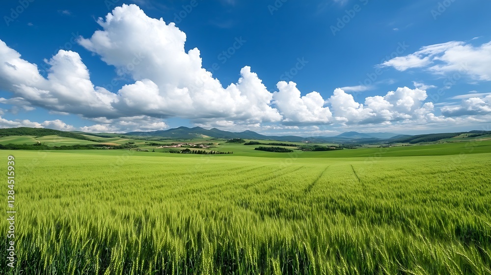 Vast green wheat field under a bright blue sky with fluffy clouds in the background : Generative AI Vast green wheat field under a bright blue sky with fluffy clouds in the background : Generative AI
