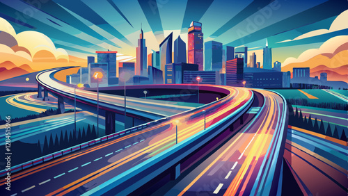 Long exposure motion blur of highway leading to city