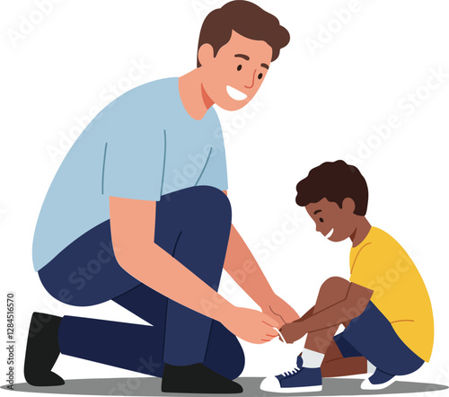 Father assisting son with shoelaces in flat vector illustration style