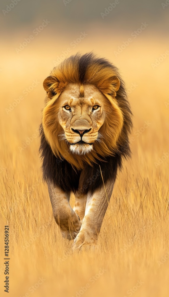 Majestic lion striding through the expansive african savanna, radiating power and grace Majestic lion striding through the expansive african savanna, radiating power and grace
