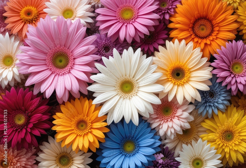 Colorful Gerbera Daisy Flowers Background with Pink, White, Orange, Blue and Yellow Colorful Gerbera Daisy Flowers Background with Pink, White, Orange, Blue and Yellow