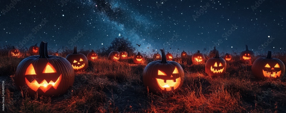 Glowing jack-o'-lanterns in a starry field on a spooky halloween night
