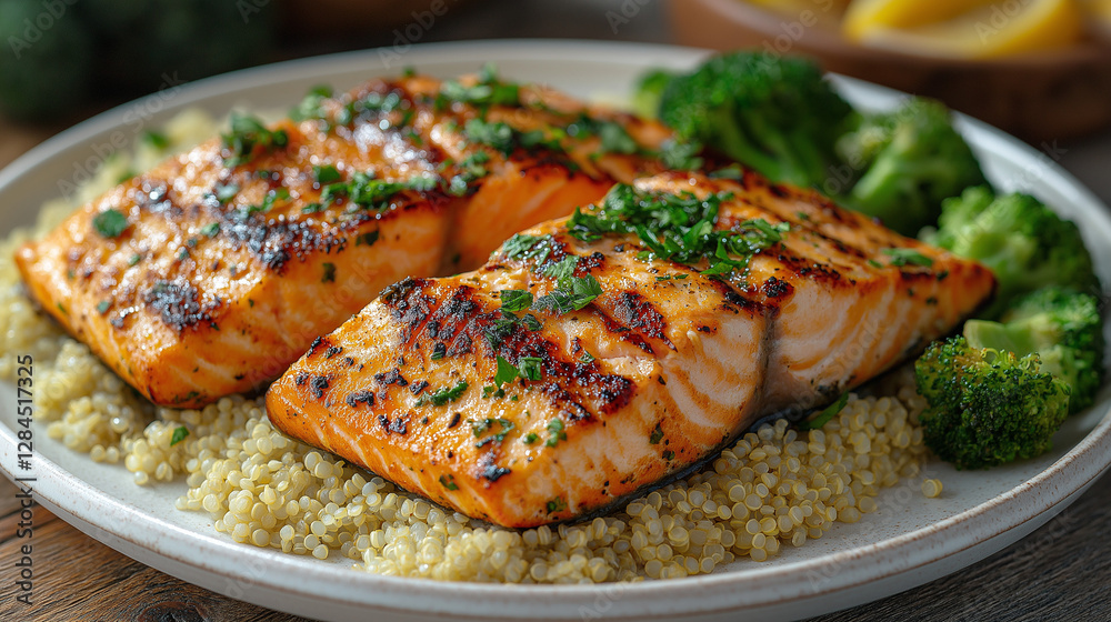 Grilled salmon with steamed broccoli and quinoa on a white plate, vibrant and fresh presentation with bright natural light Grilled salmon with steamed broccoli and quinoa on a white plate, vibrant and fresh presentation with bright natural light