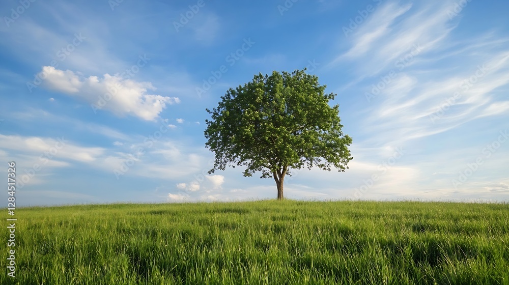 Obraz premium Lone tree standing tall on a vibrant green field under a beautiful blue sky : Generative AI