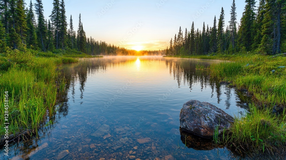 Naklejka premium Sunrise over tranquil lake in pine forest. Peaceful morning scene. Potential use Nature wallpaper, desktop background