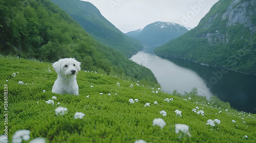 Fluffy dog in mountain meadow overlooking fjord