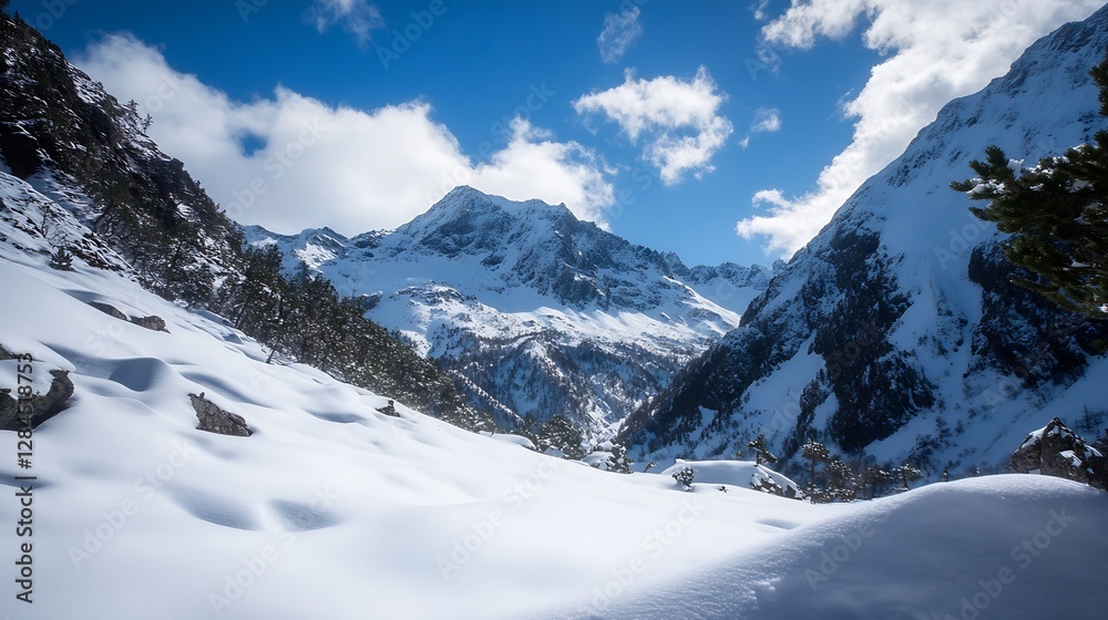 Obraz premium Majestic snowy mountain landscape under a bright blue sky with fluffy clouds : Generative AI