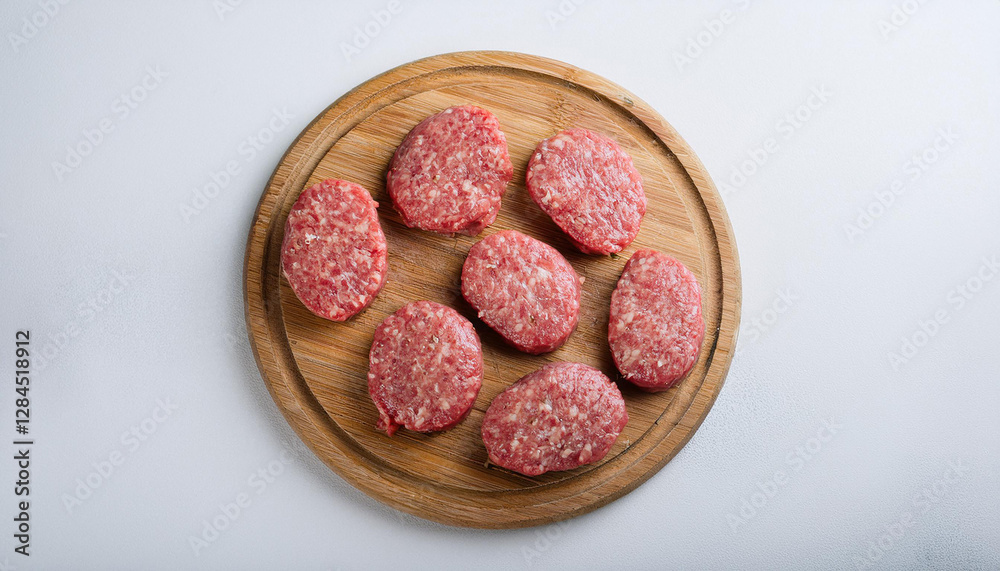 Raw veal cutlets on chopping board, before cooking for hamburgers and other dishes. Tasty food. Raw veal cutlets on chopping board, before cooking for hamburgers and other dishes. Tasty food.