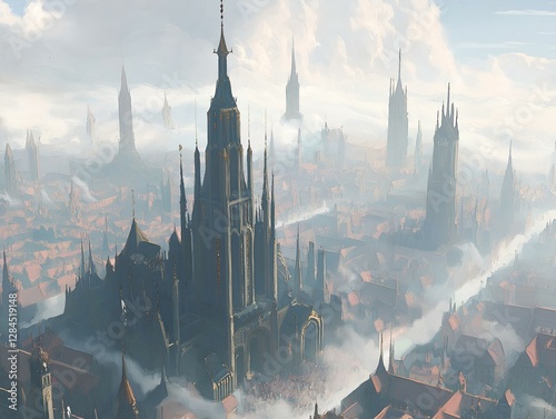 futuristic city, gothic architecture, towering structures, sky city