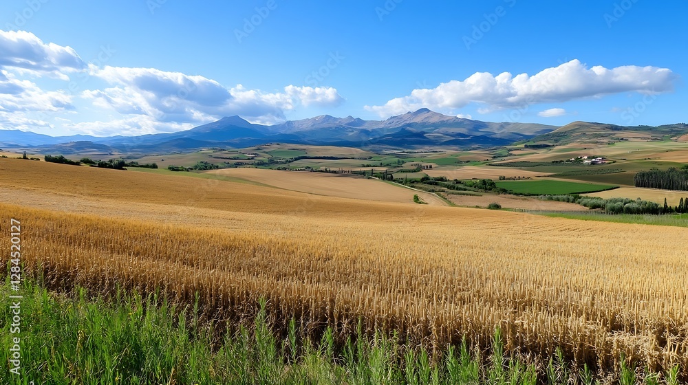 Expansive view of golden wheat fields under a bright blue sky and fluffy clouds : Generative AI Expansive view of golden wheat fields under a bright blue sky and fluffy clouds : Generative AI