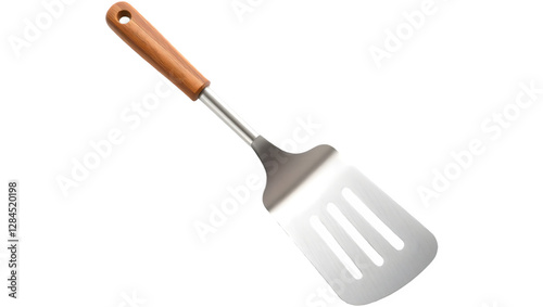 A stainless steel spatula with a wooden handle, designed for flipping and serving food.