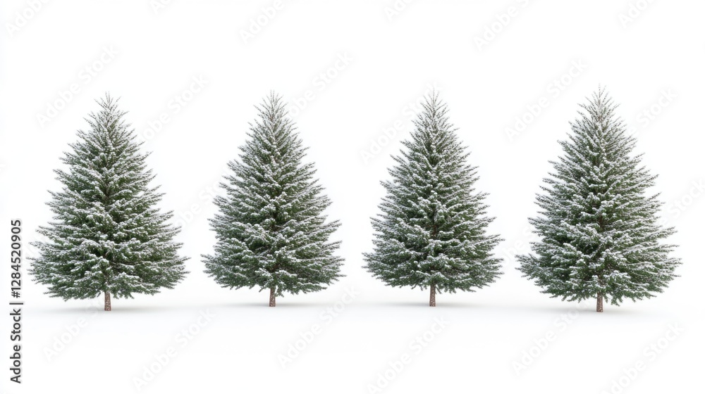 Fototapeta premium A collection of three green evergreen trees, adorned with white snow and decorated for the Christmas holiday season.