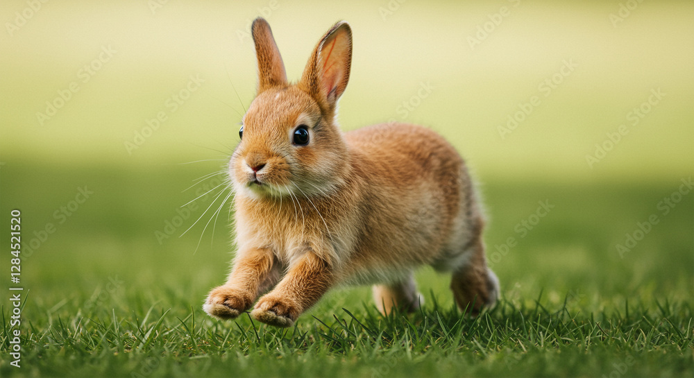 Fototapeta premium Fluffy baby rabbit sitting on green grass