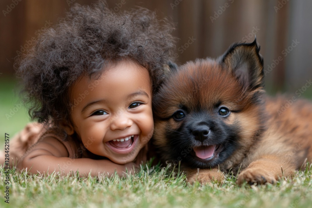 Child laughs joyfully with puppy on green grass in backyard during sunny afternoon Child laughs joyfully with puppy on green grass in backyard during sunny afternoon