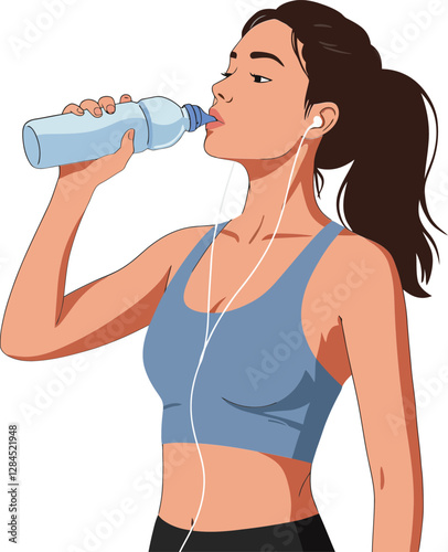 Young woman drinking water while listening to music in flat vector art