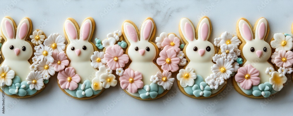 Obraz premium Adorable bunny cookies with floral decorations on marble surface