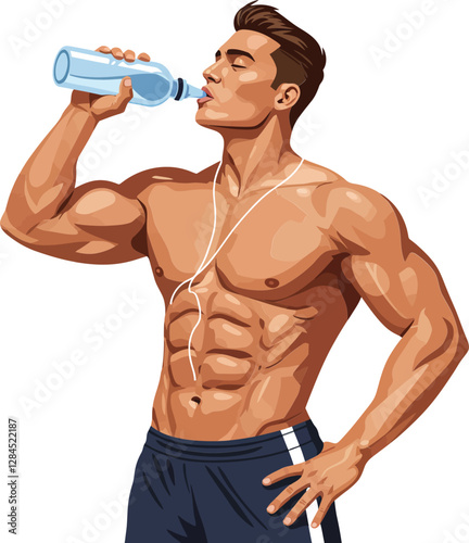 Strong athletic man drinking water in detailed flat vector art