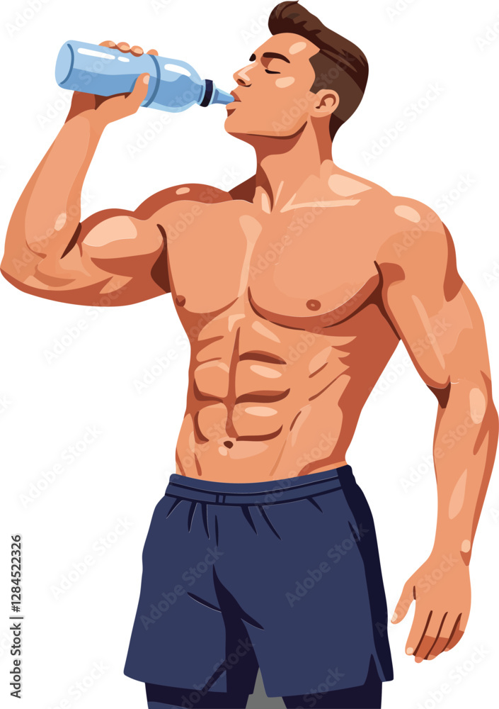 Muscular man drinking water in flat design style vector art Muscular man drinking water in flat design style vector art
