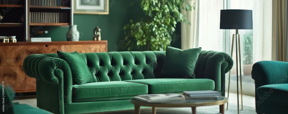 Obraz premium Elegant green living room with velvet sofa and indoor plants in sunlit space