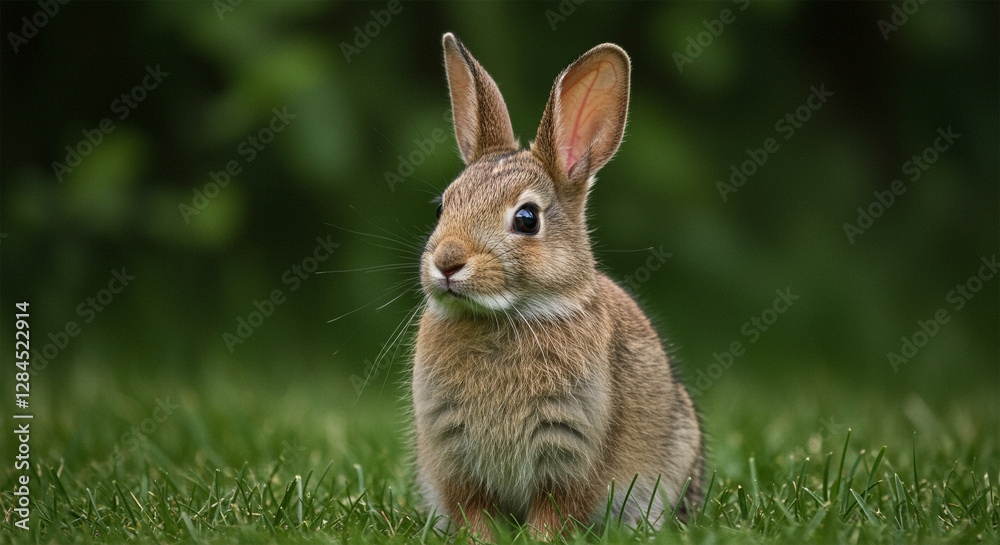 Fototapeta premium Adorable brown rabbit sitting on a grassy field