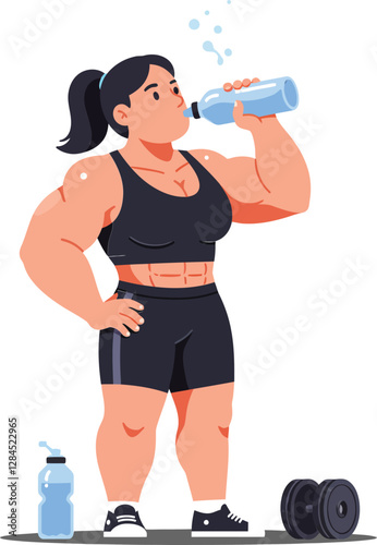 Strong woman taking a refreshing drink in flat vector illustration style
