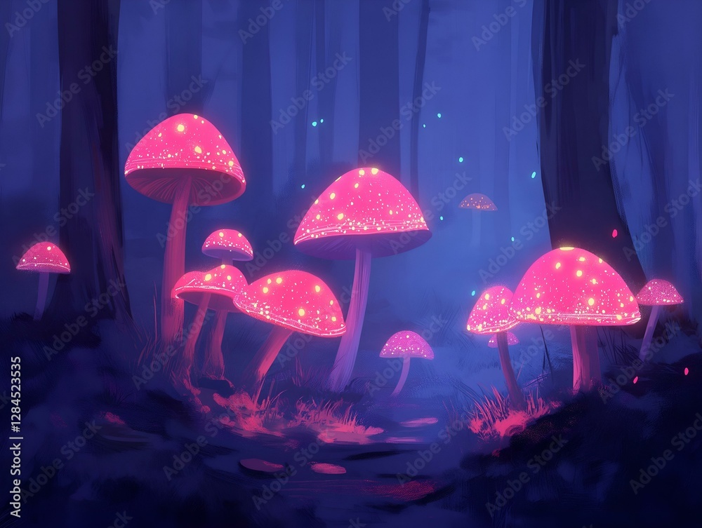 Fototapeta premium glowing mushrooms, forest scene, pink and purple hues, magical atmosphere, fantasy setting