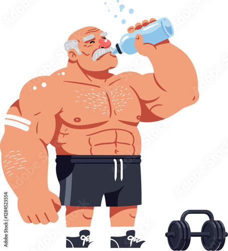 Strong muscular man drinking water in flat design vector art