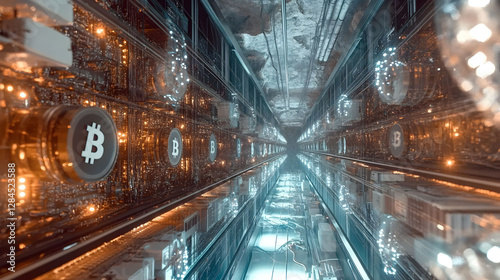 
A high-tech cryptocurrency mining farm with rows of powerful computers, glowing lights, and cooling systems, ultra-detailed