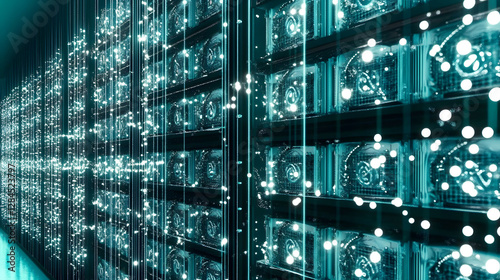 
A high-tech cryptocurrency mining farm with rows of powerful computers, glowing lights, and cooling systems, ultra-detailed