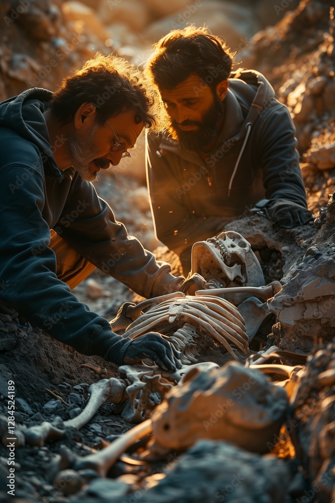 Two researchers excavate a fossilized skeleton in a sunlit rocky terrain. Two researchers excavate a fossilized skeleton in a sunlit rocky terrain.