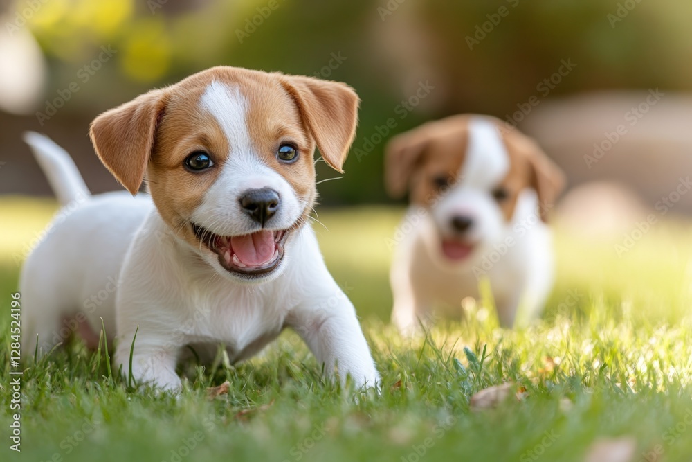 Happy puppies playing in a garden on a sunny day while one puppy runs toward the camera and the other follows closely behind Happy puppies playing in a garden on a sunny day while one puppy runs toward the camera and the other follows closely behind