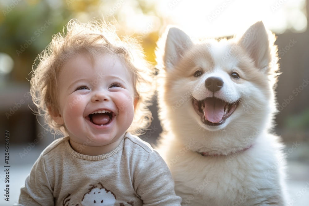 Joyful moments between a toddler and a fluffy puppy in a sunlit outdoor setting Joyful moments between a toddler and a fluffy puppy in a sunlit outdoor setting