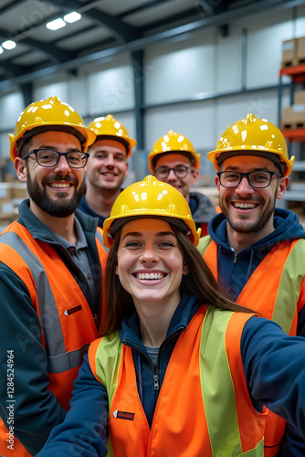 Happy Intercultural Warehouse Workers in Safety Gear Taking a Selfie Together