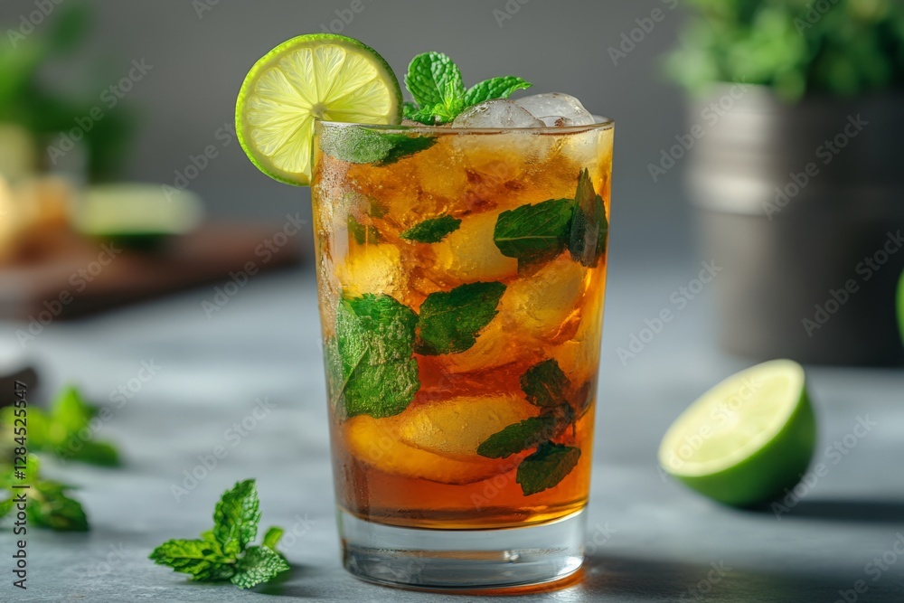 Refreshing iced tea with lime and mint on a summer day Refreshing iced tea with lime and mint on a summer day