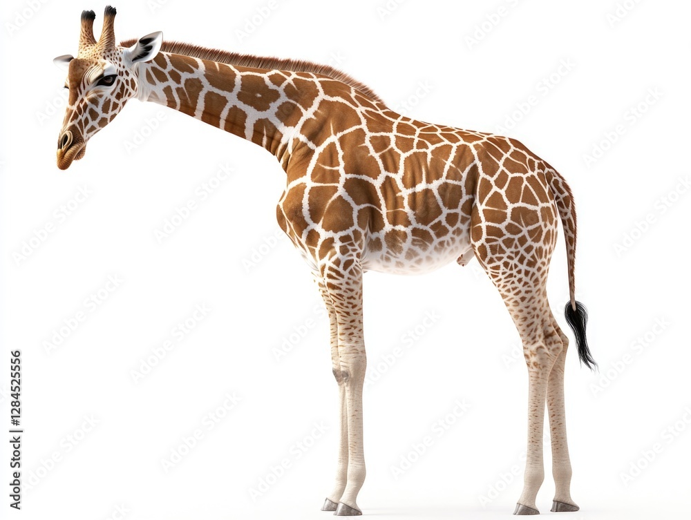 Fototapeta premium Giraffe standing in front of white background, possibly for use in nature documentaries, educational materials or tourism promotions.