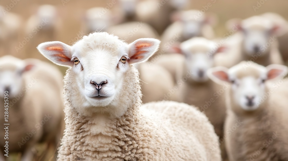 A curious sheep looking at the camera with a herd of sheep in the background on a farm : Generative AI A curious sheep looking at the camera with a herd of sheep in the background on a farm : Generative AI