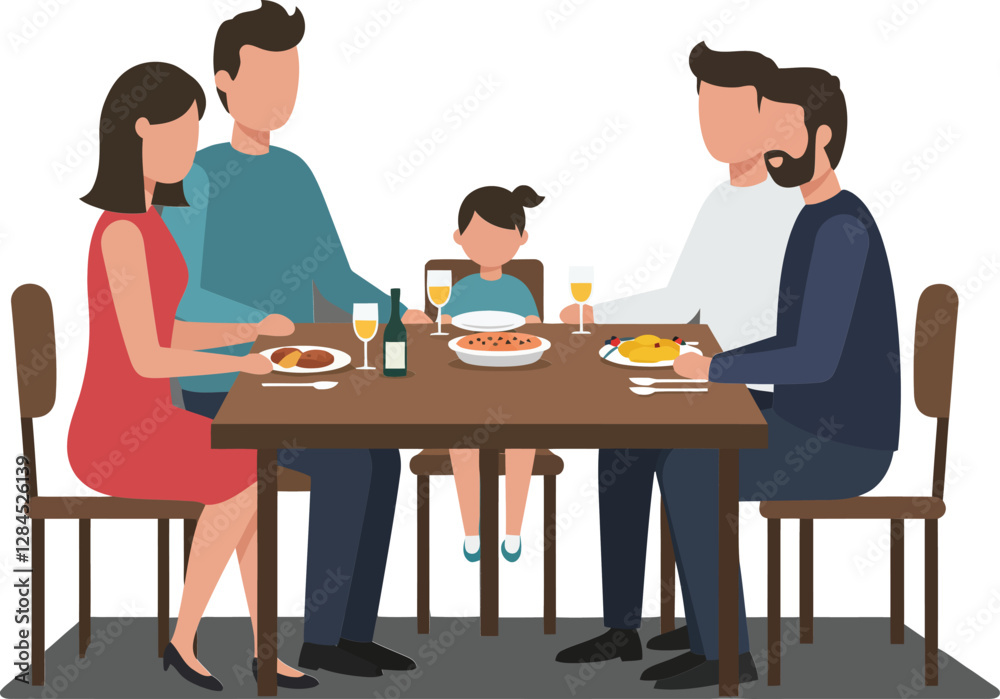 Family enjoying a meal together in flat vector art style featuring colorful food and drinks