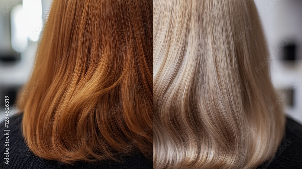 Close-up of hair transformation, side-by-side view of before and after salon dyeing and straightening Close-up of hair transformation, side-by-side view of before and after salon dyeing and straightening